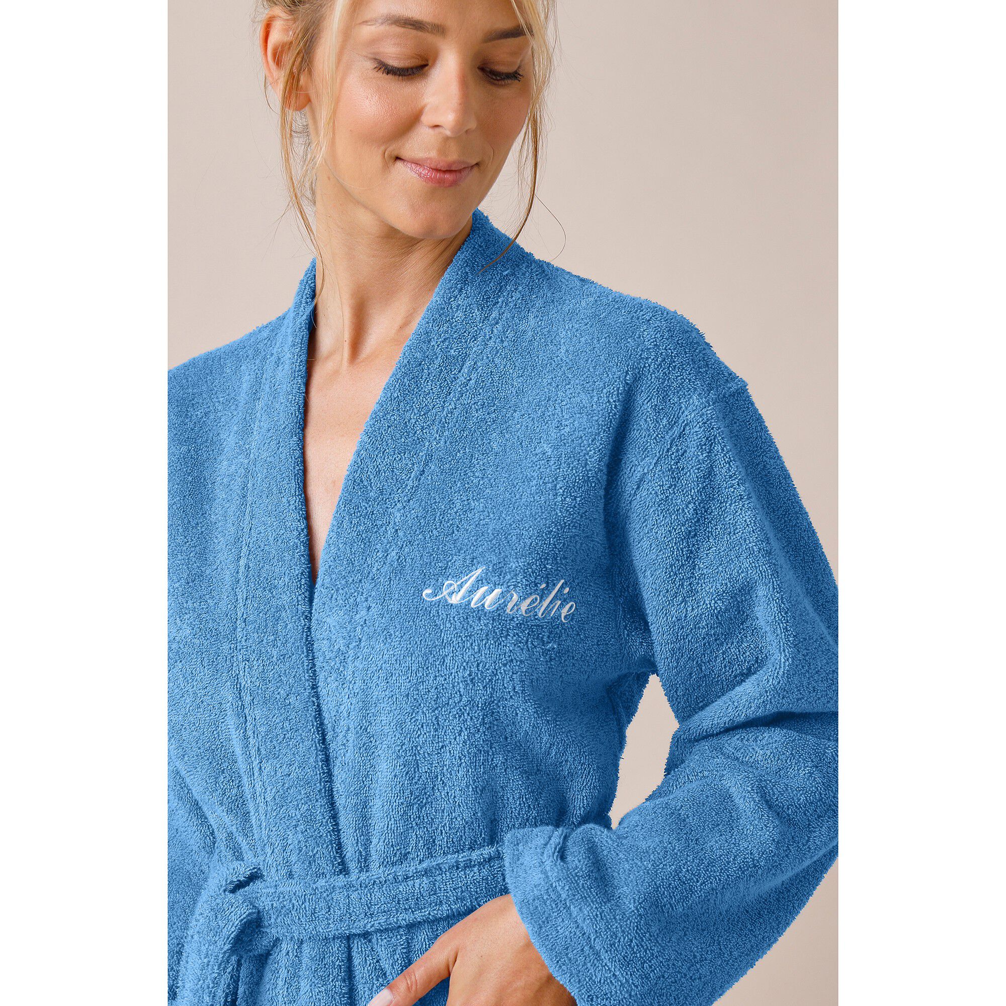 Peignoir mixte adulte uni coton éponge bouclette col kimono personnalisé