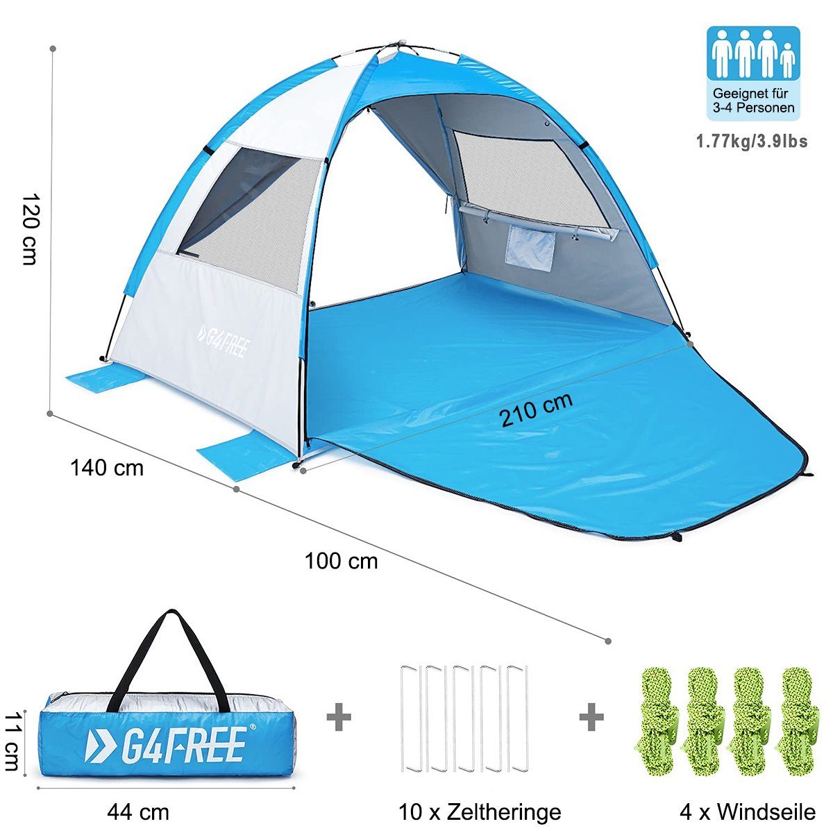 G4Free Strandmuschel, Personen: 4 (1 tlg), Tragbares Strandzelt mit UV 50+