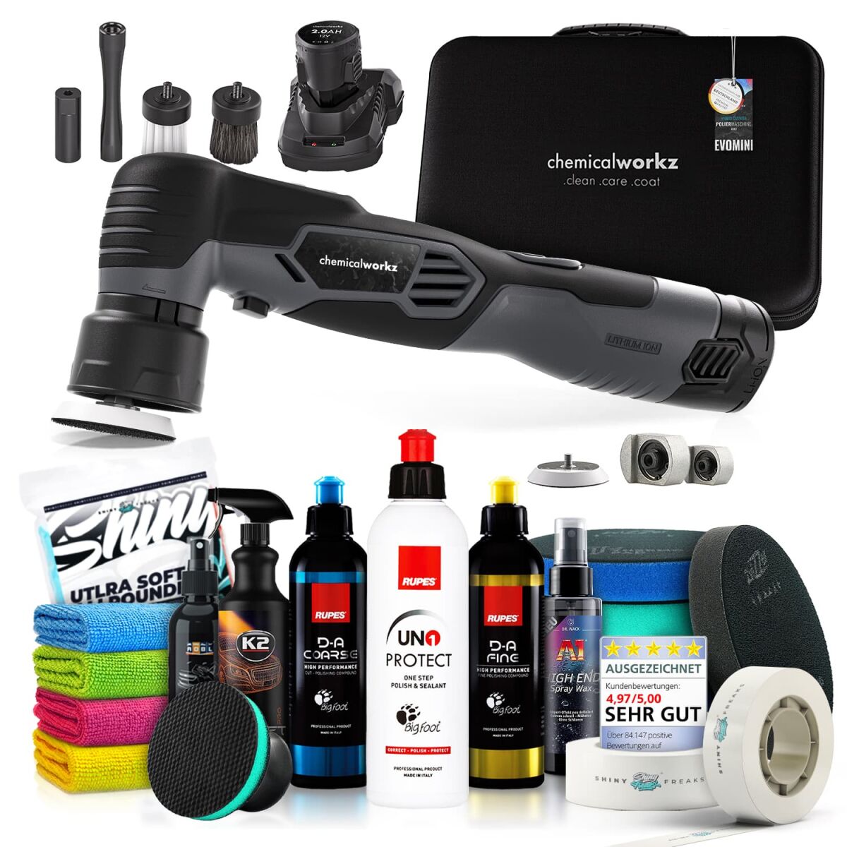 chemicalworkz EVO Mini Akku Poliermaschinen Set mit Rupes Polituren & Zubehör