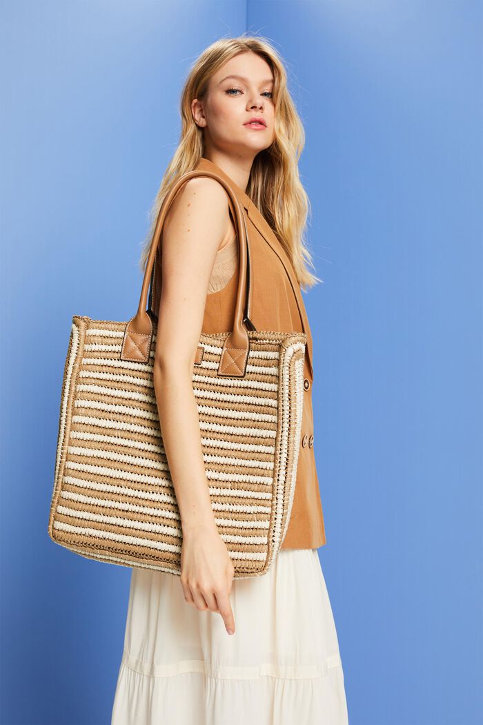 Tote Bag aus Raffia mit Henkeln in Lederoptik