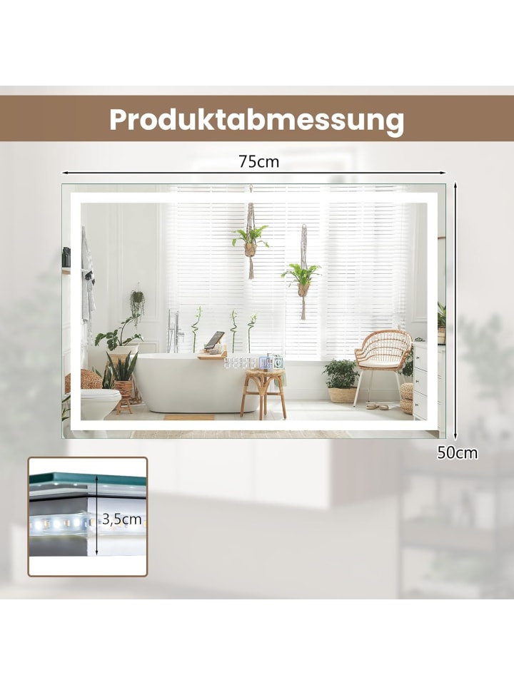 COSTWAY Badspiegel LED 3000-6000K mit Zeitanzeige & Speicherfunktion in Silber günstig kaufen onesize