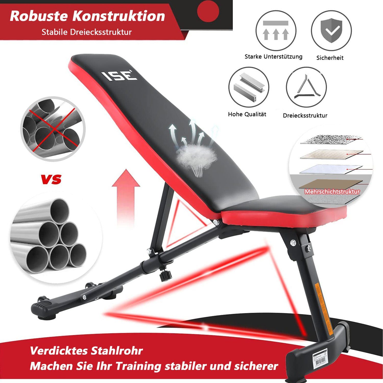 ISE Hantelbank ISE Hantelbank Multifunktion Tranings Fitness Bank klappbar übungsbank verstellbar für Bauch und Bein schrägbank,geprüft und Zertifiziert nach DIN EN 957 SY-5021