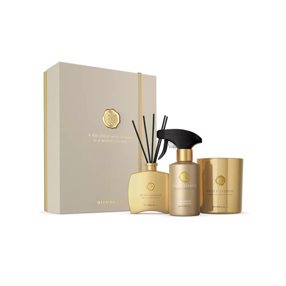 Coffret cadeau Private Collection Jasmin Doux : bougie parfumée L 360 g, mini bâtonnets parfumés 100 ml, parfum d’intérieur 250 ml