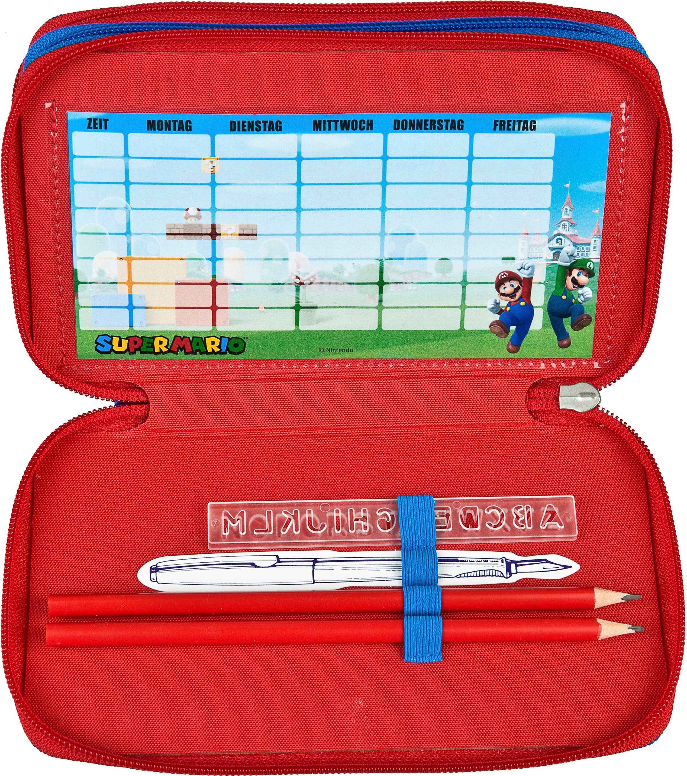 Scooli Federmäppchen Tripledecker, Super Mario, befüllt, inklusive Geodreieck