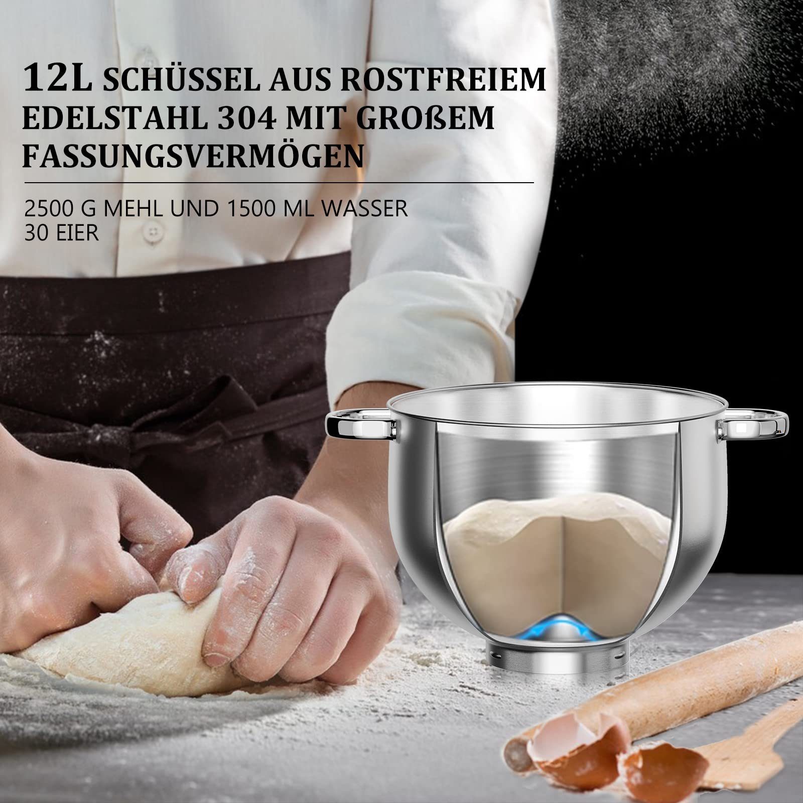 HOMELUX Küchenmaschine Knetmaschine, Teigmaschine,6 Geschwindigkeiten mit Edelstahlschüssel, 2500,00 W, 12,00 l Schüssel, inkl 6-Teiligem Patisserie-Set und Spritzschutz