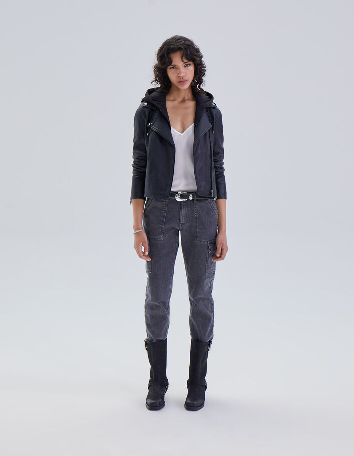 Blouson noir en cuir d'agneau à capuche amovible femme