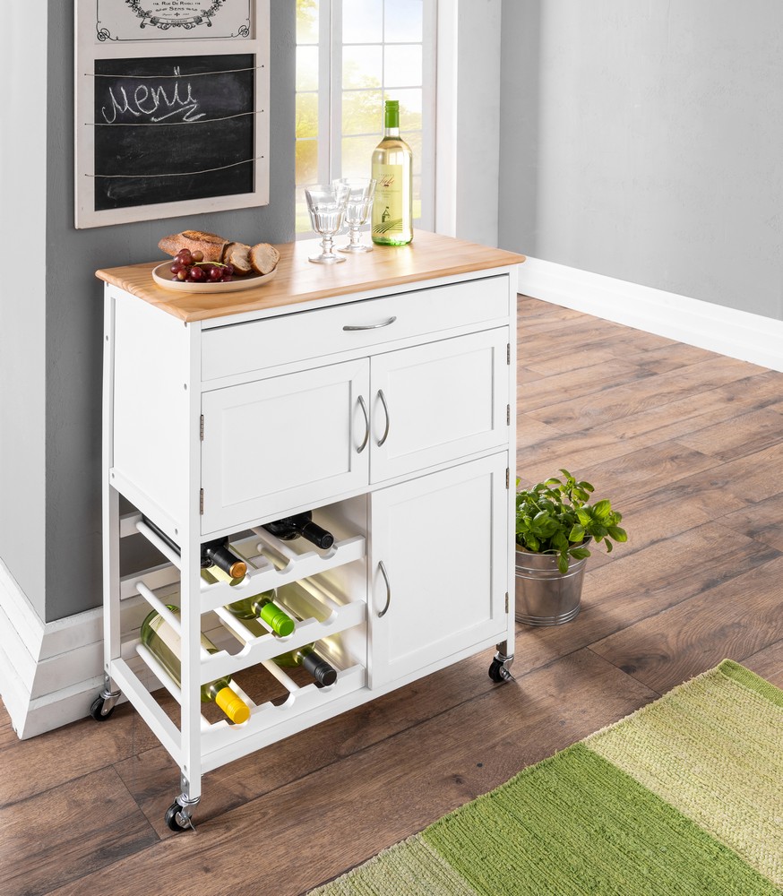 HC Home & Living Küchenwagen mit Schublade, 3 Türen & Flaschenablagen weiß / Sonoma Eiche