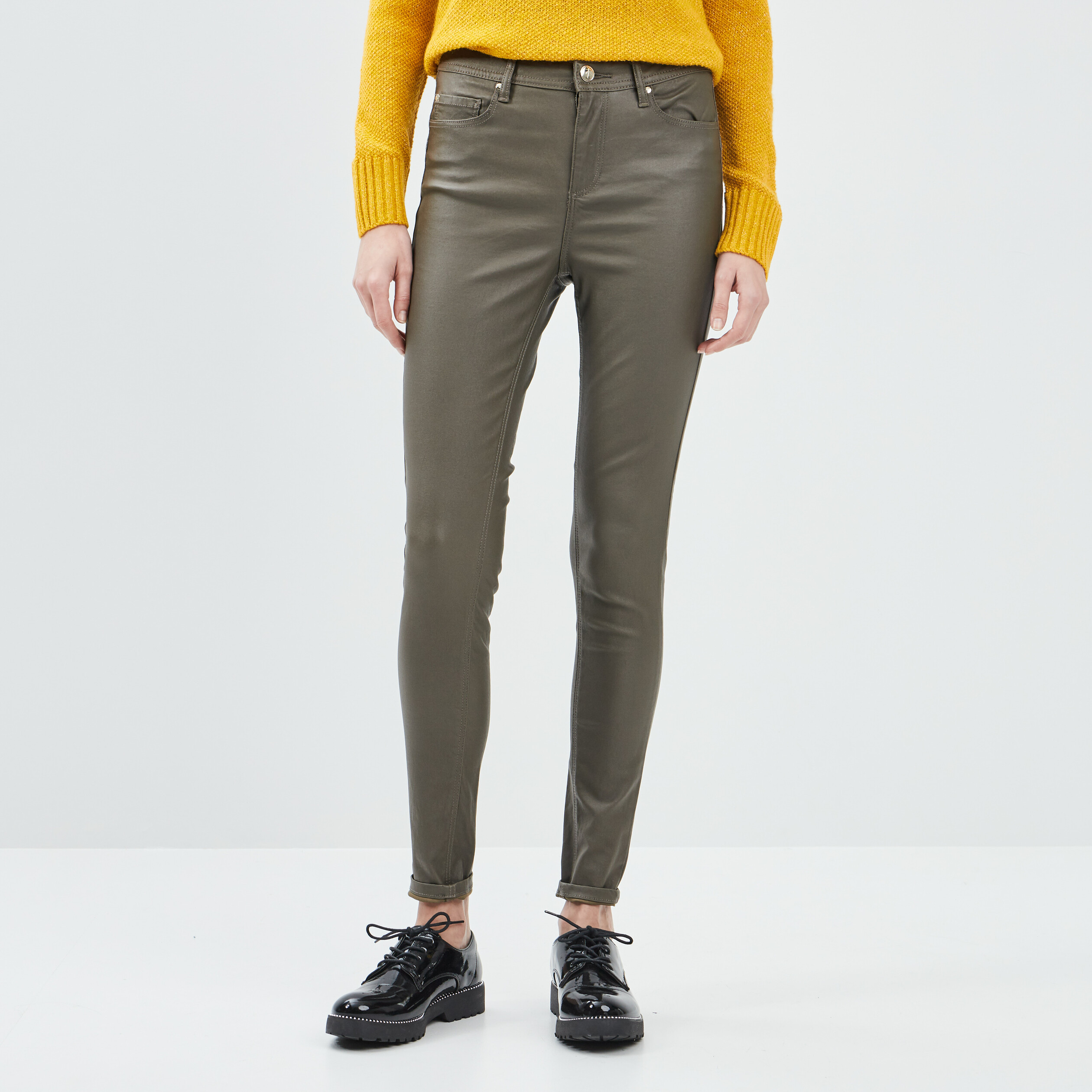 Pantalon enduit skinny push up vert kaki femme | La Halle