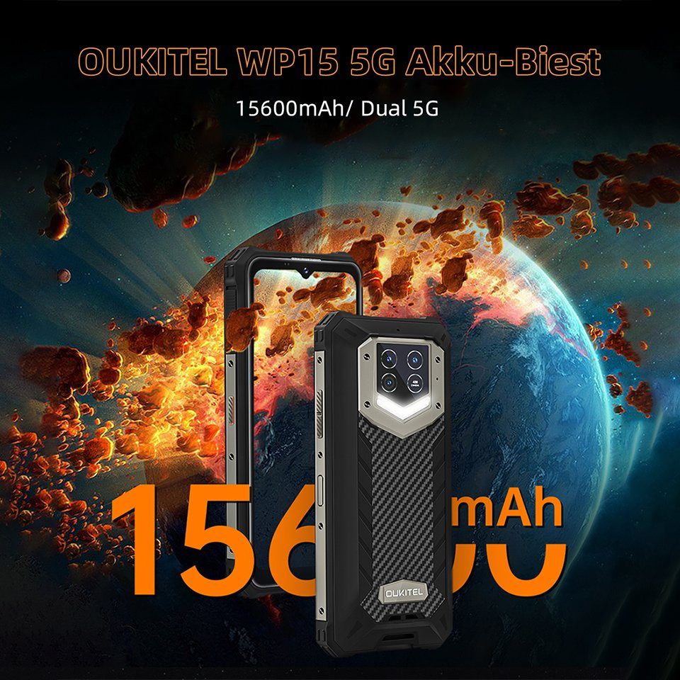OUKITEL WP 15, 5G-[Außentelefon], 128GB ROM, 15600 mAh Akku, Dual-SIM Smartphone (8 GB Speicherplatz, Android 11, 6.52'' HD+ Display, 8M Frontkamera, 48M Hauptkamera hinten)