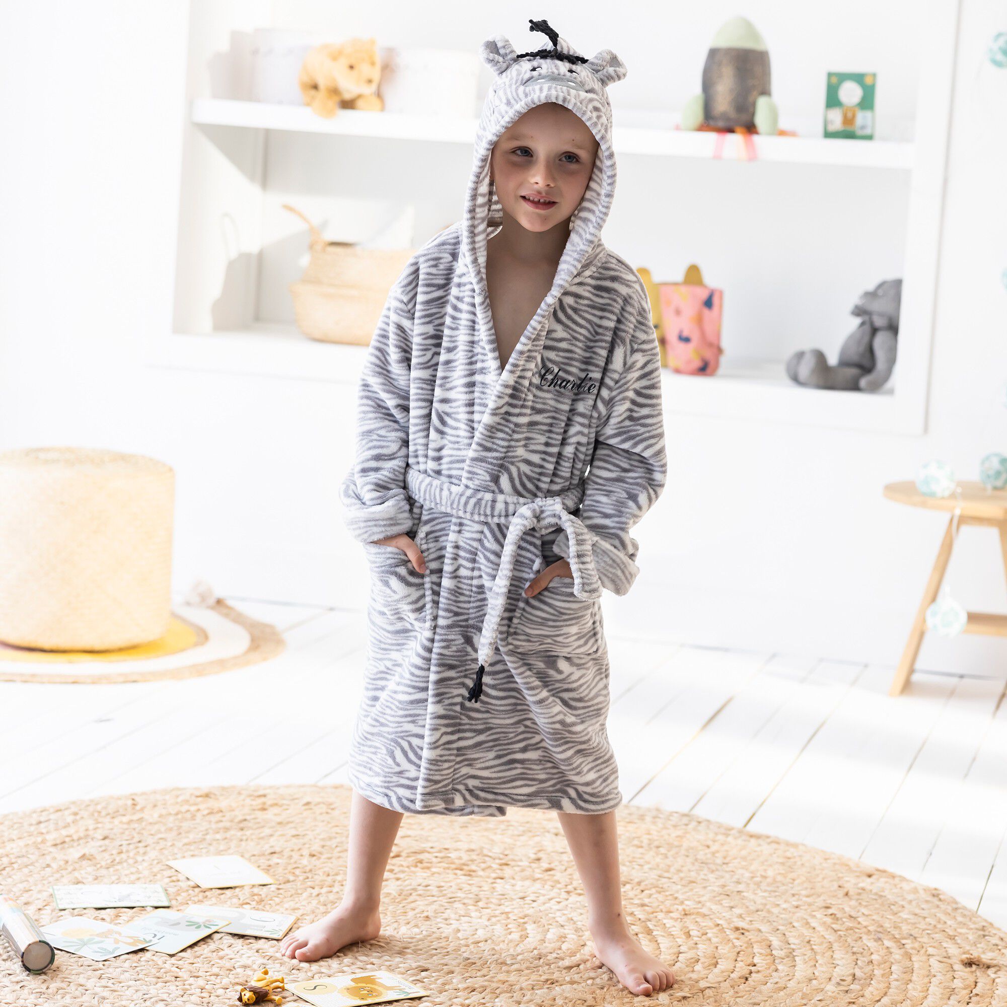 Peignoir de bain enfant à capuche zèbre personnalisable