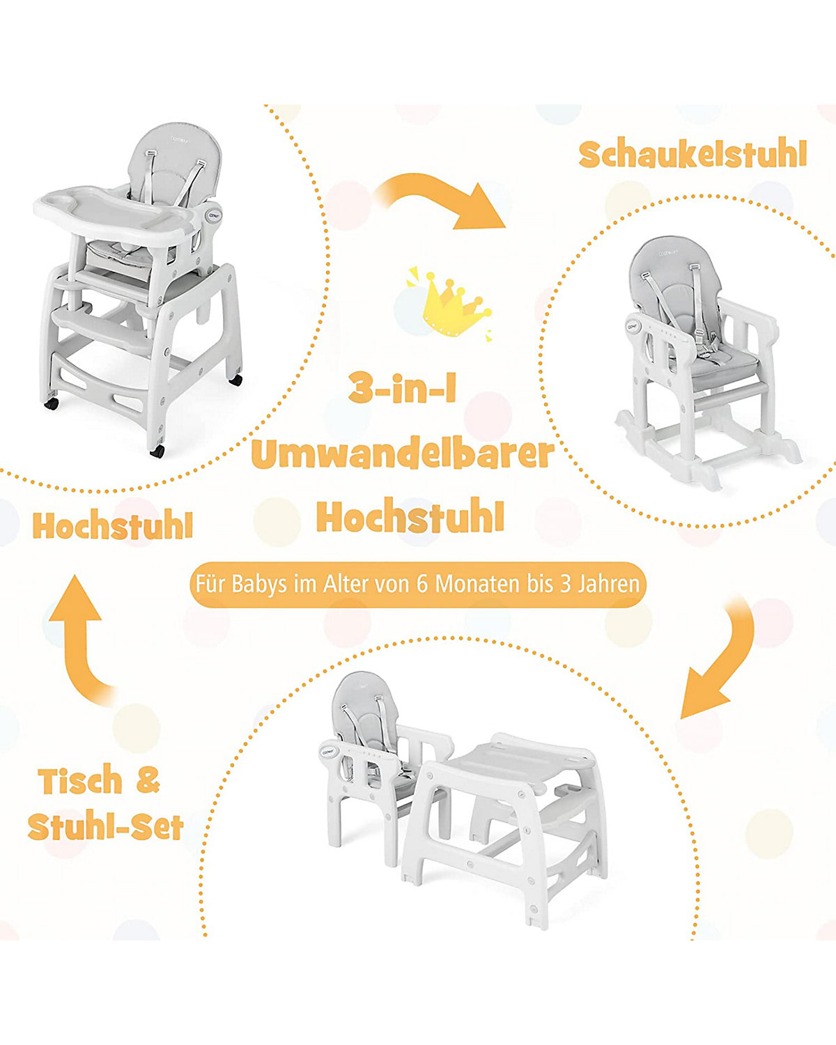 3 in 1 Hochstuhl Schauklestuhl Kindersitzgruppe mit Sitzkissen