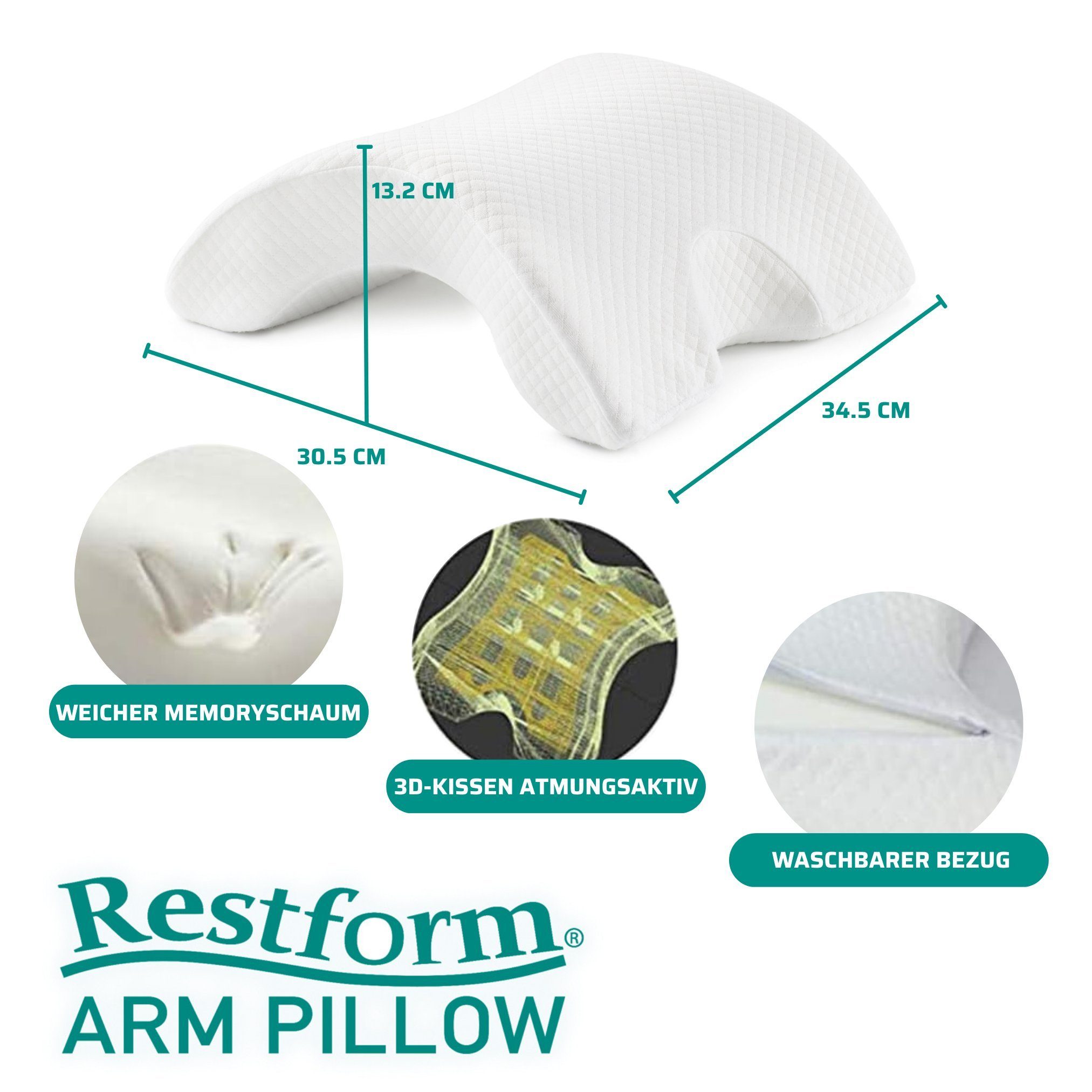 Nackenstützkissen Arm Pillow - Memory Foam Kissen, Arm Kissen, Restform®, Füllung: 100 % Polyester, Bezug: waschbar, Seitenschläfer, Rückenschläfer, Bauchschläfer, Spar-Set, 1er oder 2er Pack, sensible Unterstützung für den Hals, Rücken, Knie und Hüf