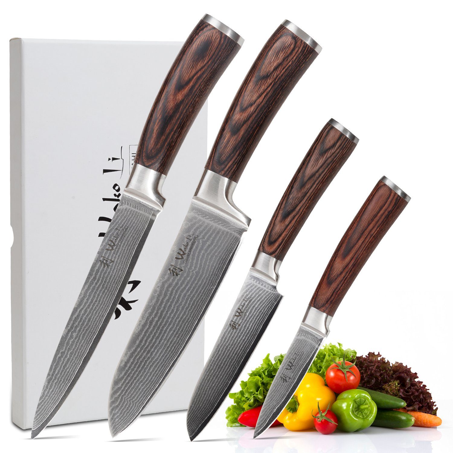 Wakoli Messer-Set Edib 4er Damastmesserset I 8 - 18cm Klinge I Pakkaholzgriff