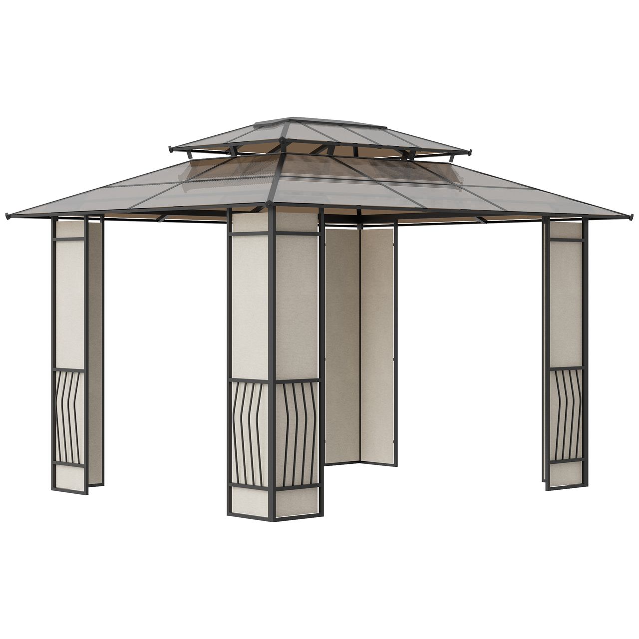 Outsunny Gartenpavillon Pavillon mit Sonnendach aus Polycarbonatplatten UV-Schutz wasserabweisend Robust Braun Hellgrau 3,65 x 3 x 2,75 m