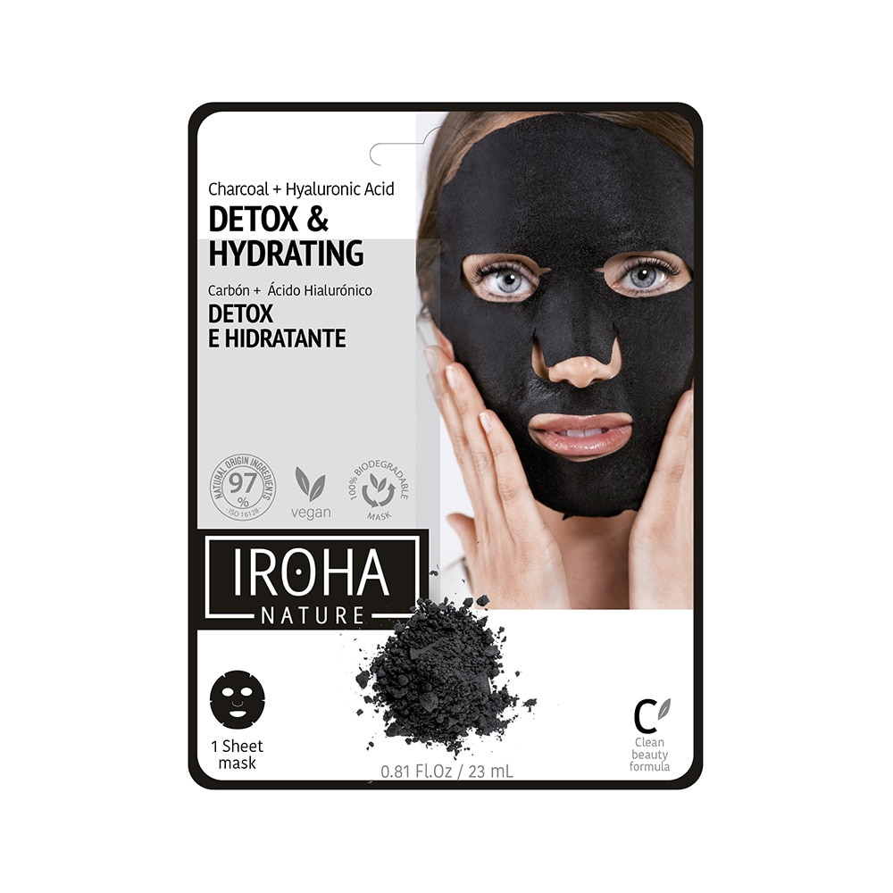 iroha Masque noir visage en tissu - DÉTOX ET HYDRATANT- Charbone + AH - Clean Beauty Masque Visage en tissu 100% Biodégradable