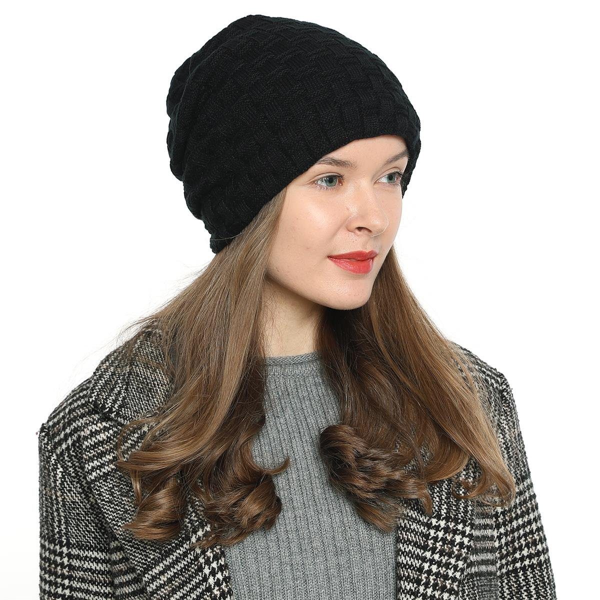 DonDon Beanie Damen Beanie Winter Slouch Style mit Innenfutter (Packung, 1-St) Wintermütze, Beanie mit Flechtmuster und Teddyfleece