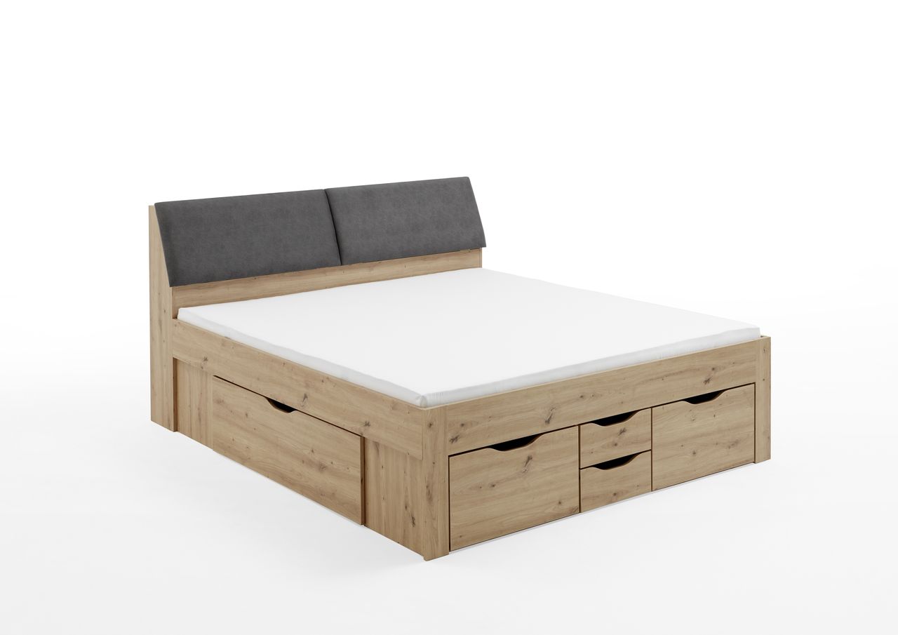 Relita Funktionsbett Maxi 180 x 200 cm, ohne Lattenrost mit 6 Bettschubladen und Stauraum-Polster-Kopfteil Eiche Artisan Dekor
