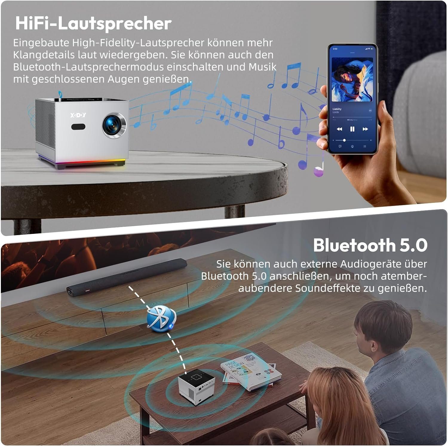 XGODY Portabler Projektor (10000 lm, 5000:1, 1920 x 1080 px, Elektrischer Fokus Android 9 Projektor 200ANSI Lumen Unterstützung)