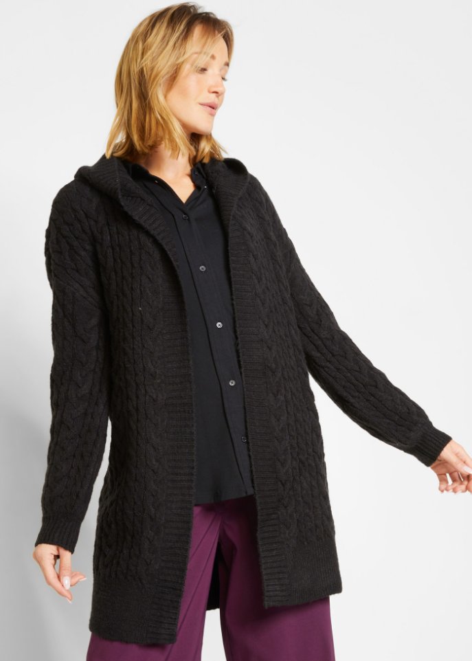 Strickjacke mit Zopfmuster und Kapuze