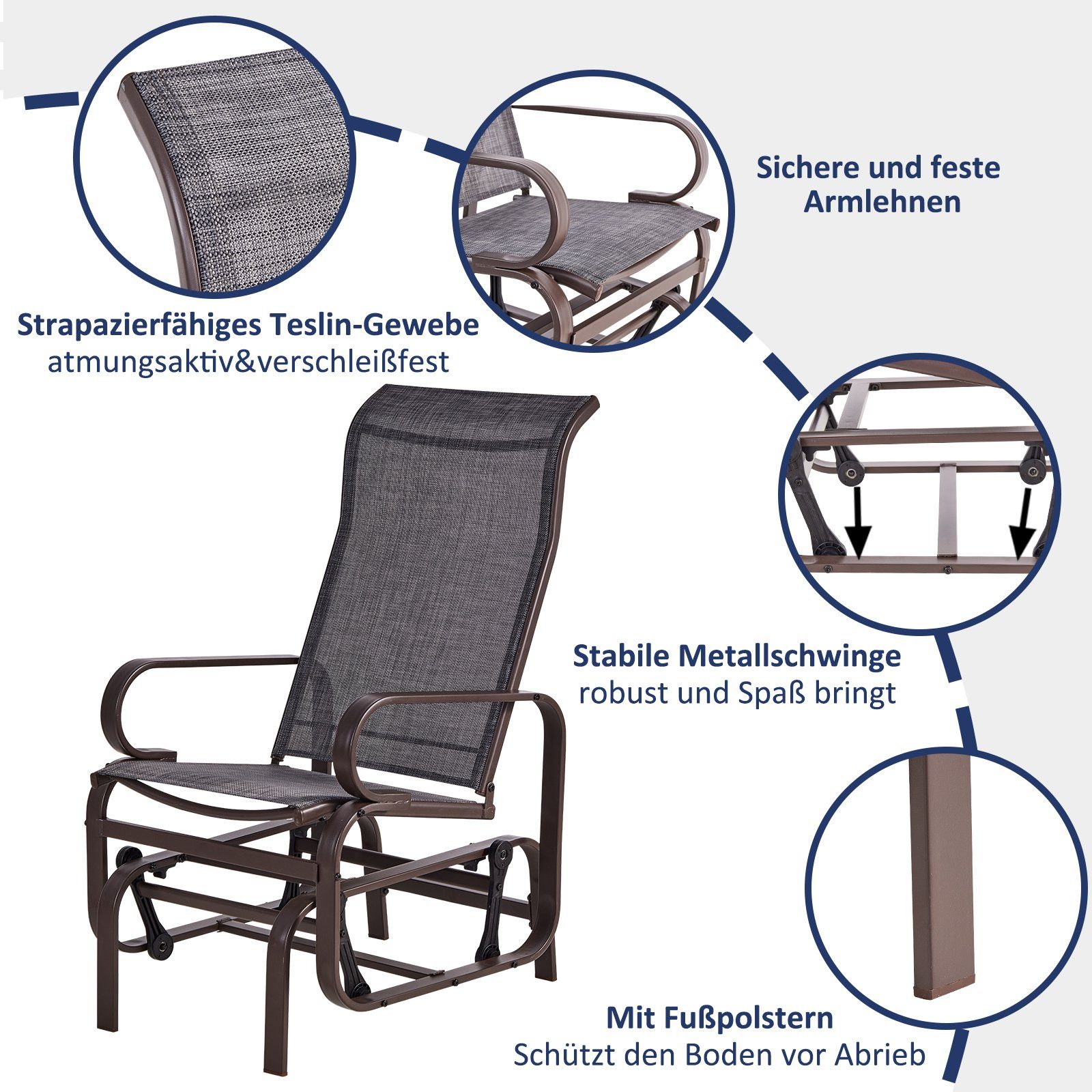 KAHOO Schaukelstuhl Sonnenliege mit Arm- & Rücklehne, 1-Sitz, bis 180kg, Metall