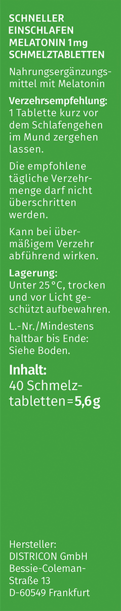 Schneller Einschlafen Melatonin 1mg 40 Tabletten, 5,6 g