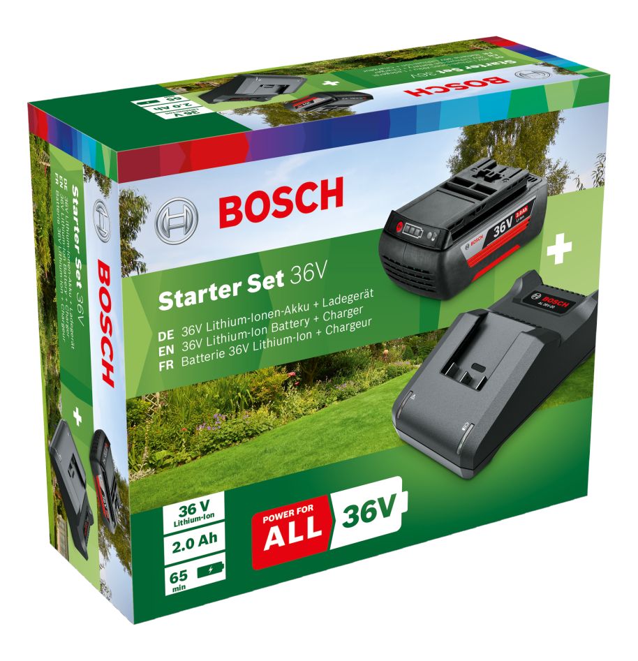 Kit de démarrage Bosch Green Accessories F016800609 - Batterie 36 V 2,0 Ah Li-Ion + Chargeur AL 36V-20 pour outils de jardinage