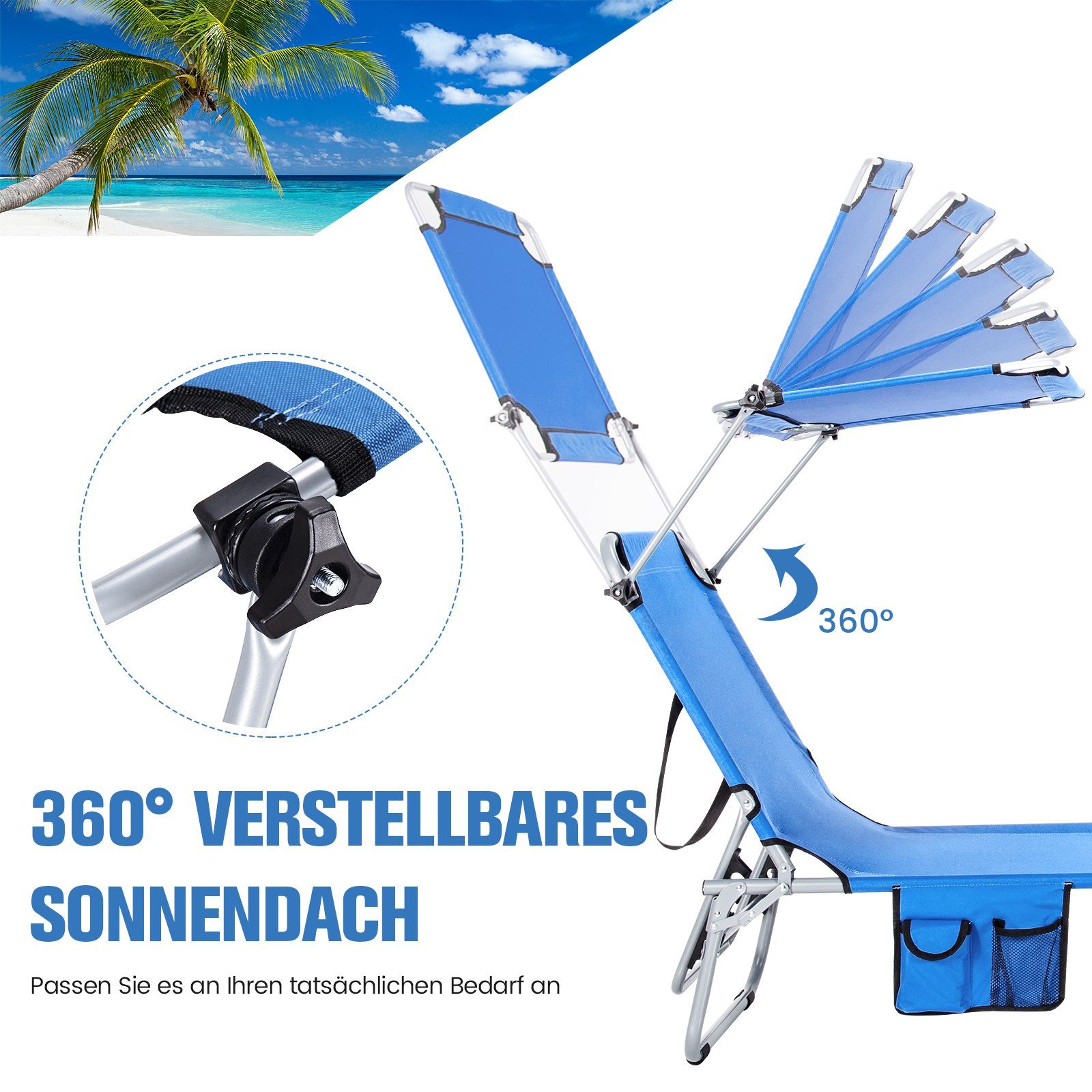 COSTWAY Gartenliege Sonnenliege, mit 5 verstellbaren Rückenlehne & Dach