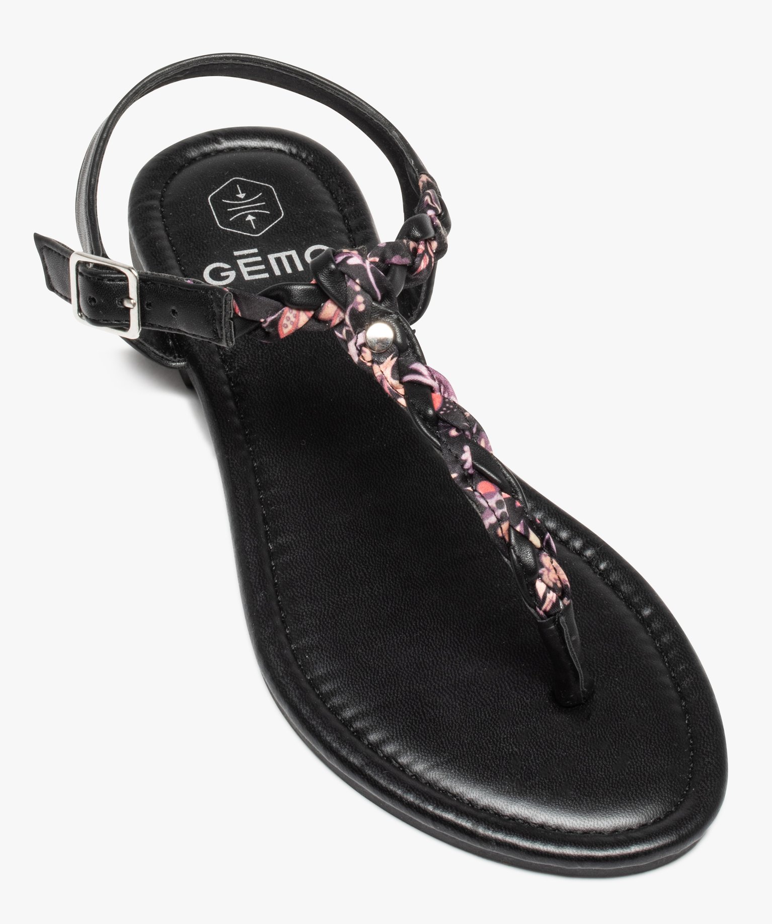 Sandales femme à talon plat et entre-doigts tressé noir | GEMO