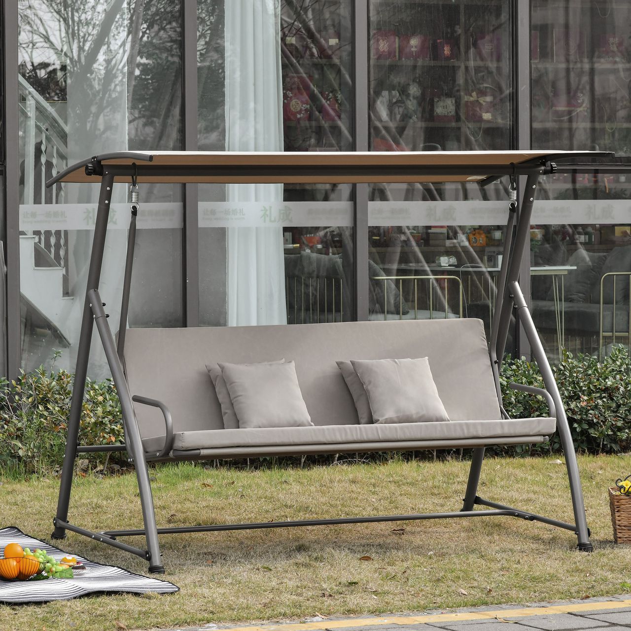 Outsunny 3-Sitzer Hollywoodschaukel 2-in-1 Gartenliege mit Sonnendach Stahl