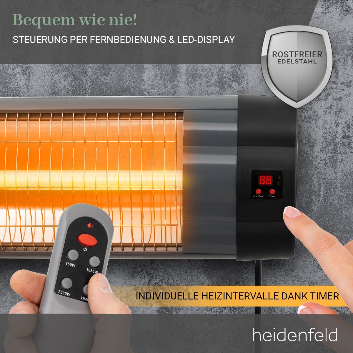 Heidenfeld Heizstrahler Elektro Infrarot Heizstrahler IH100 inkl. Stativ und Fernbedienung, 2500 W, Heizgerät Heizung Terrassenstrahler - 3 Heizstufen - 3 J. Garantie