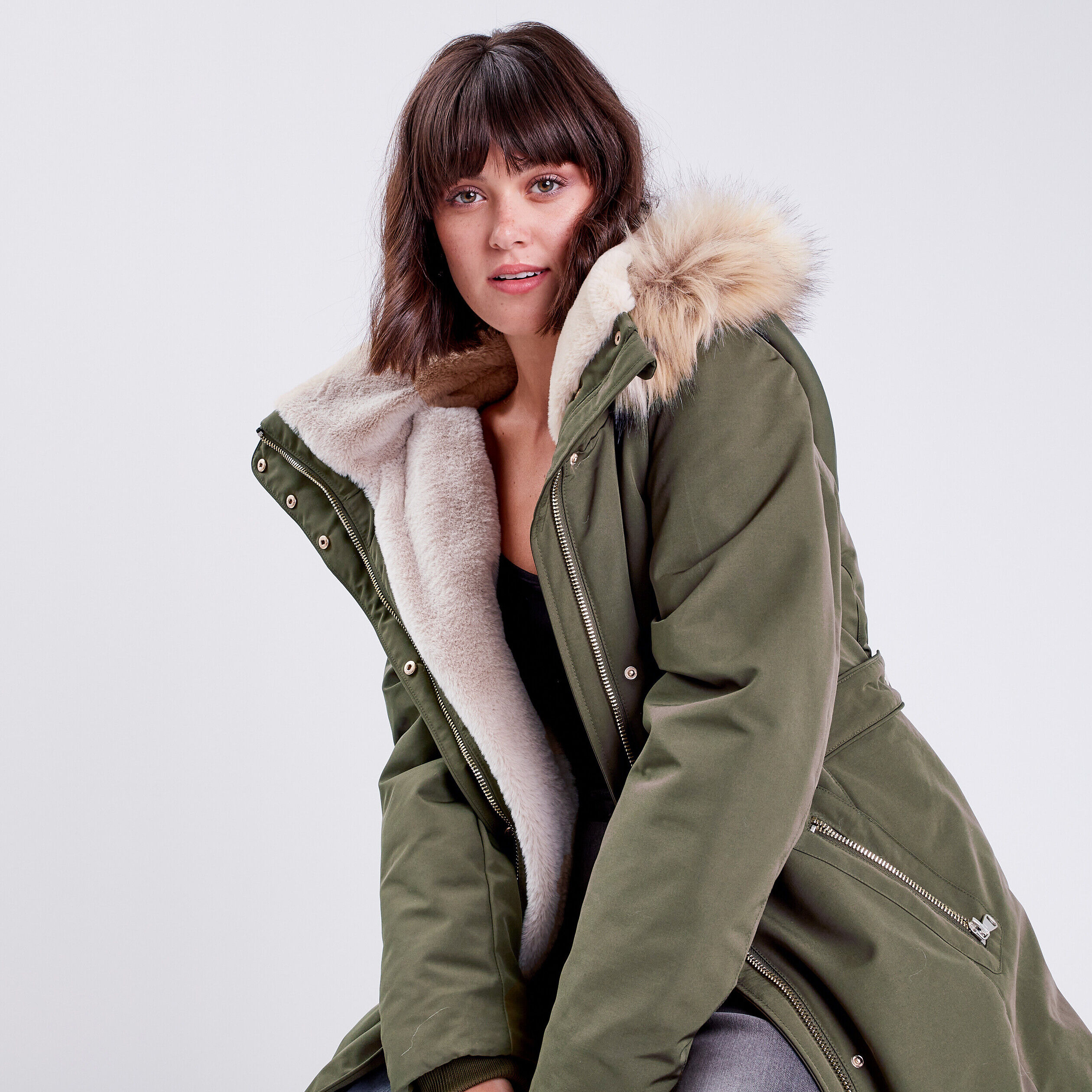 Parka droite avec capuche vert kaki femme | Cache Cache