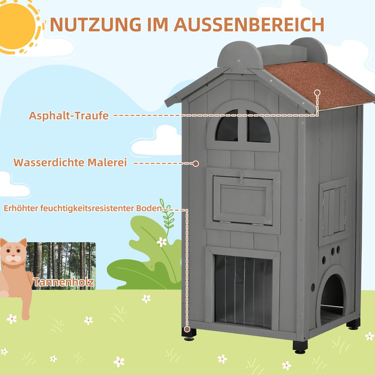 PawHut Katzenhaus für Katzenbett oder Katzentoilette, Katzenschrank, Katzenklo Indoor, Tannenholz, Asphaltdach, Grau   Weiß, 59 x 55 x 109 cm