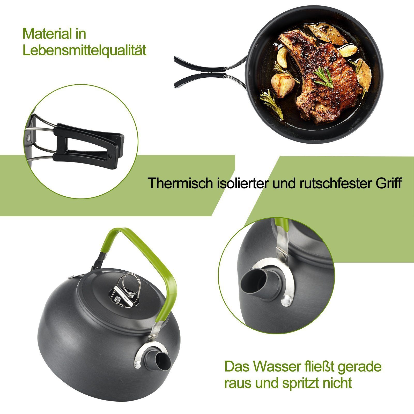 MDHAND Gaskocher Geschirr-Set Tragbar Kochgeschirr Topf Kocher Set,Aluminium, (15-St), mit Faltender Löffel Gabel Cutter Cup für 2 bis 3 Personen