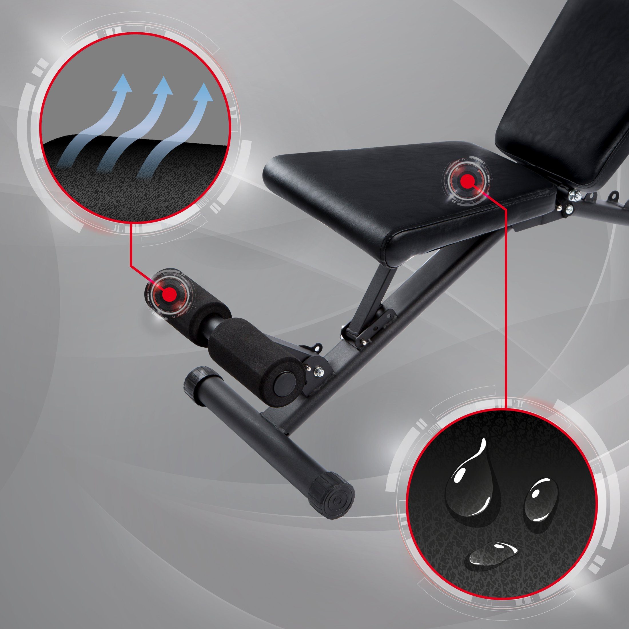 Zoomyo Hantelbank Hantelbank / Universal-Trainingsbank, klappbar, belastbar bis 500 kg, Das Sitzpolster und die Beinhalterung der Zoomyo