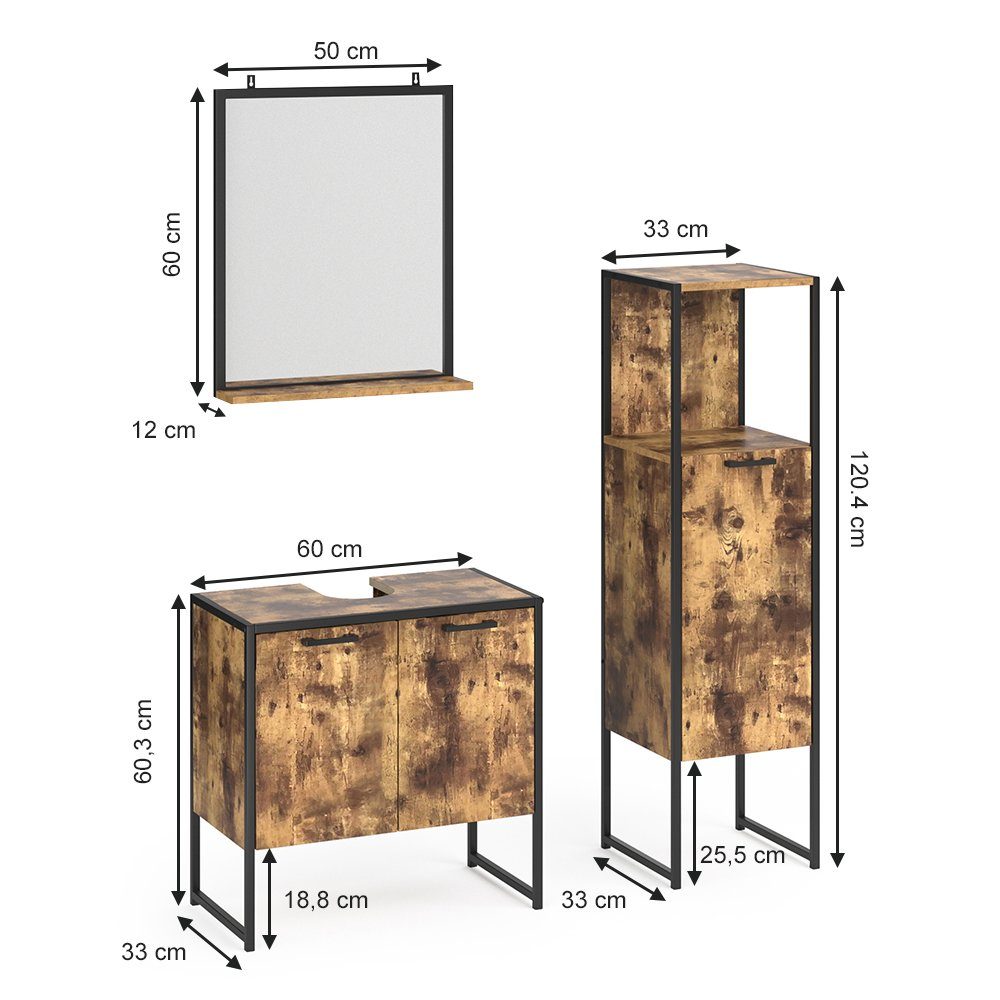 Vicco Badmöbel-Set Loft-Badezimmerset FYRK Vintage Set 6, (3-er Set, 3-St., 3-er Set)
