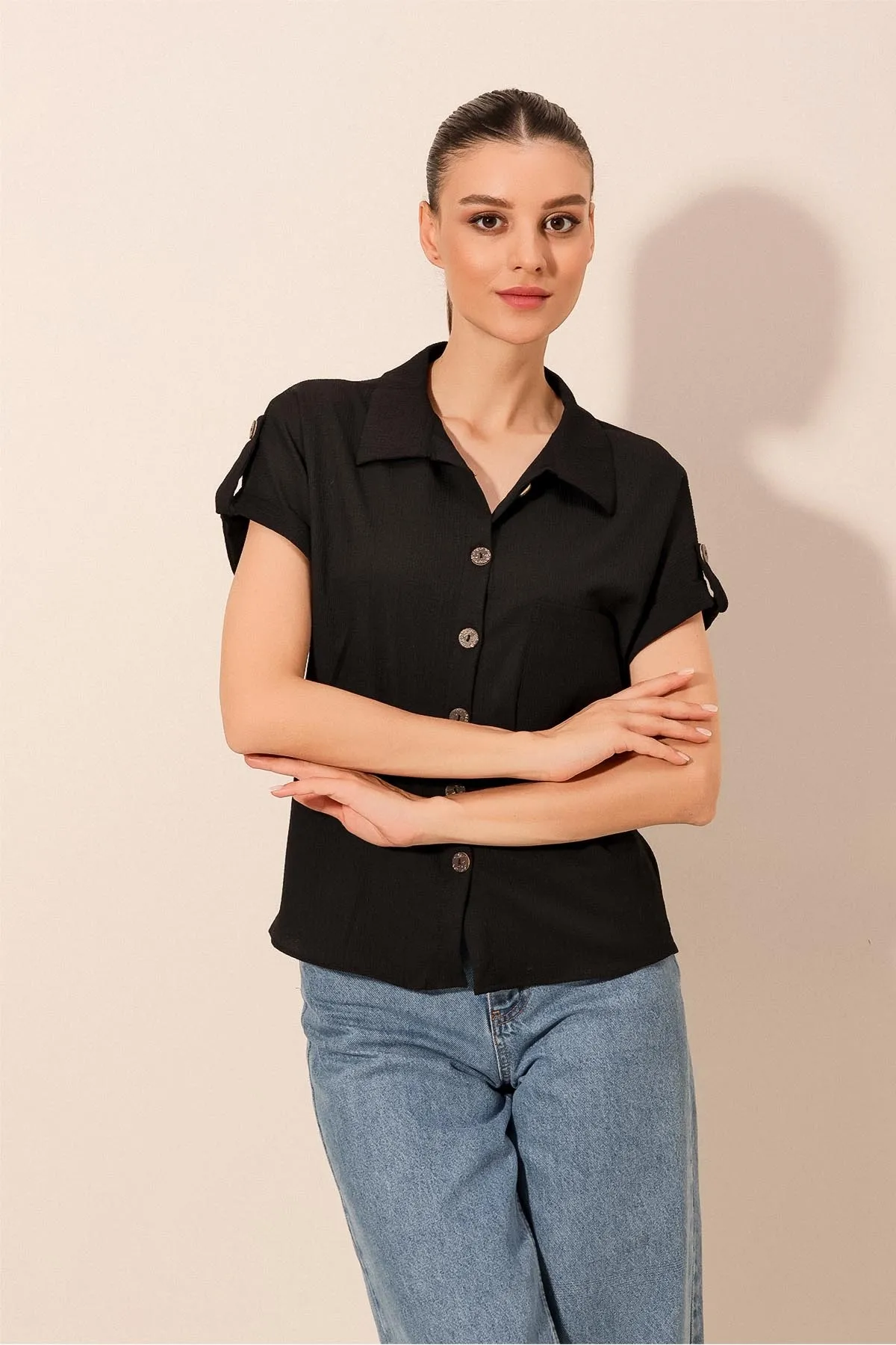 Bigdart  20187 Kurzärmliges Oversize-Strickhemd - Schwarz
