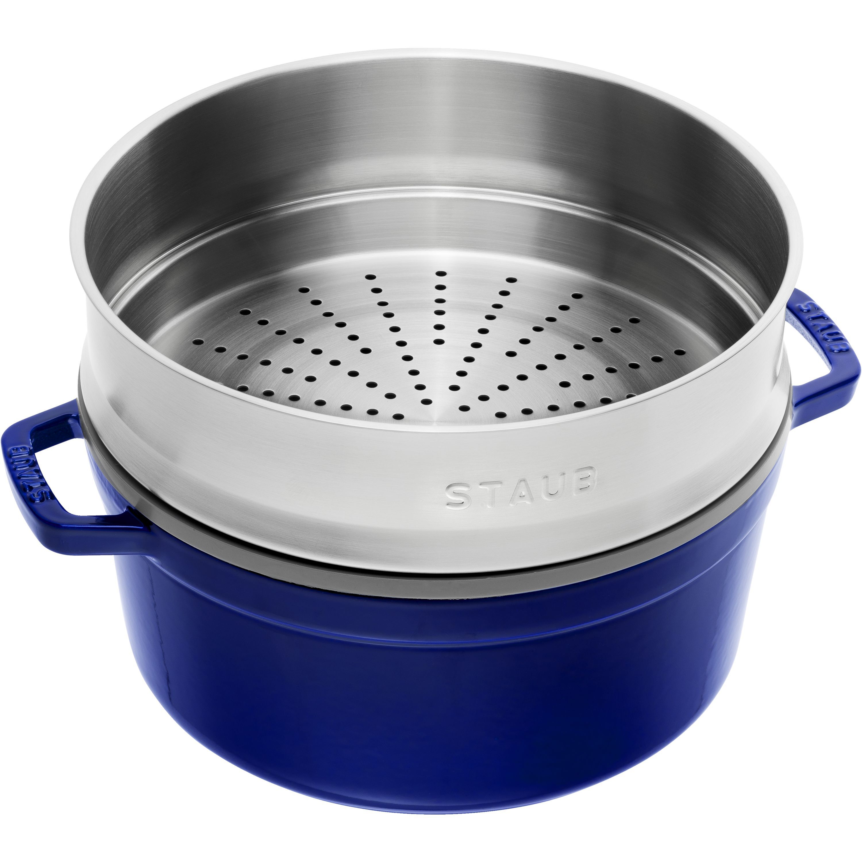 Cocotte mit Dämpfeinsatz 26 cm, rund, Dunkelblau, Gusseisen