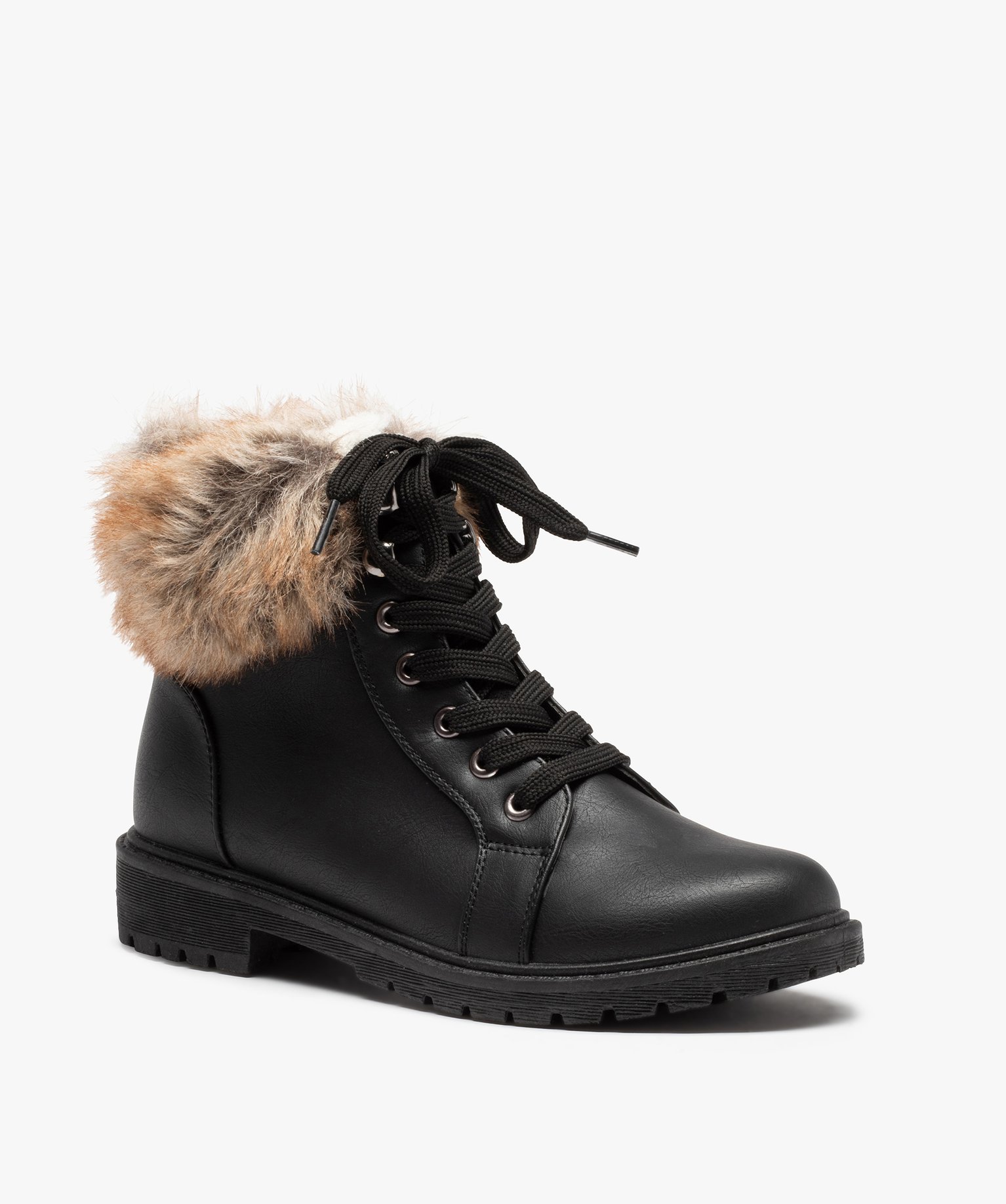 Boots fourrées femme col peluche et fermeture lacets noir | GEMO