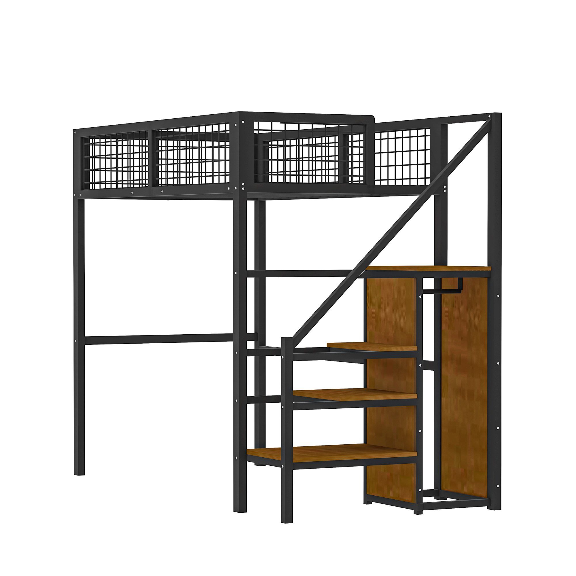 HAUSS SPLOE Metallbett Hochbett Metallbett Kinderbett Einzelbett mit Kleiderschrank (90*200 cm, Kinderbett mit Eisenrahmen und Aufbewahrungsregal, Kleiderschrank), ohne Matratze, Kein Stuhl