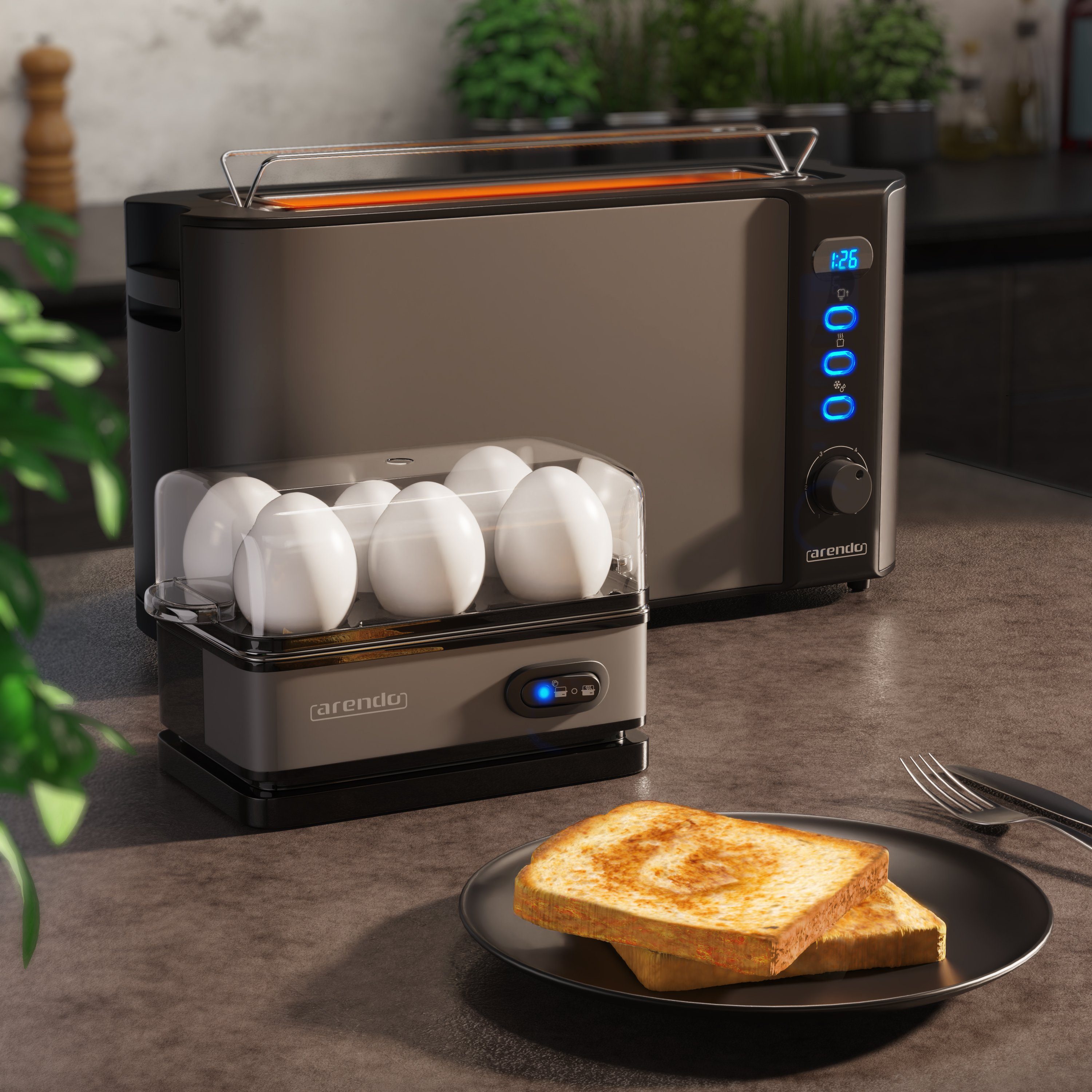 Arendo Frühstücks-Set (2-tlg), 2-Scheiben Toaster und 6-fach Eierkocher, Edelstahl, Grau