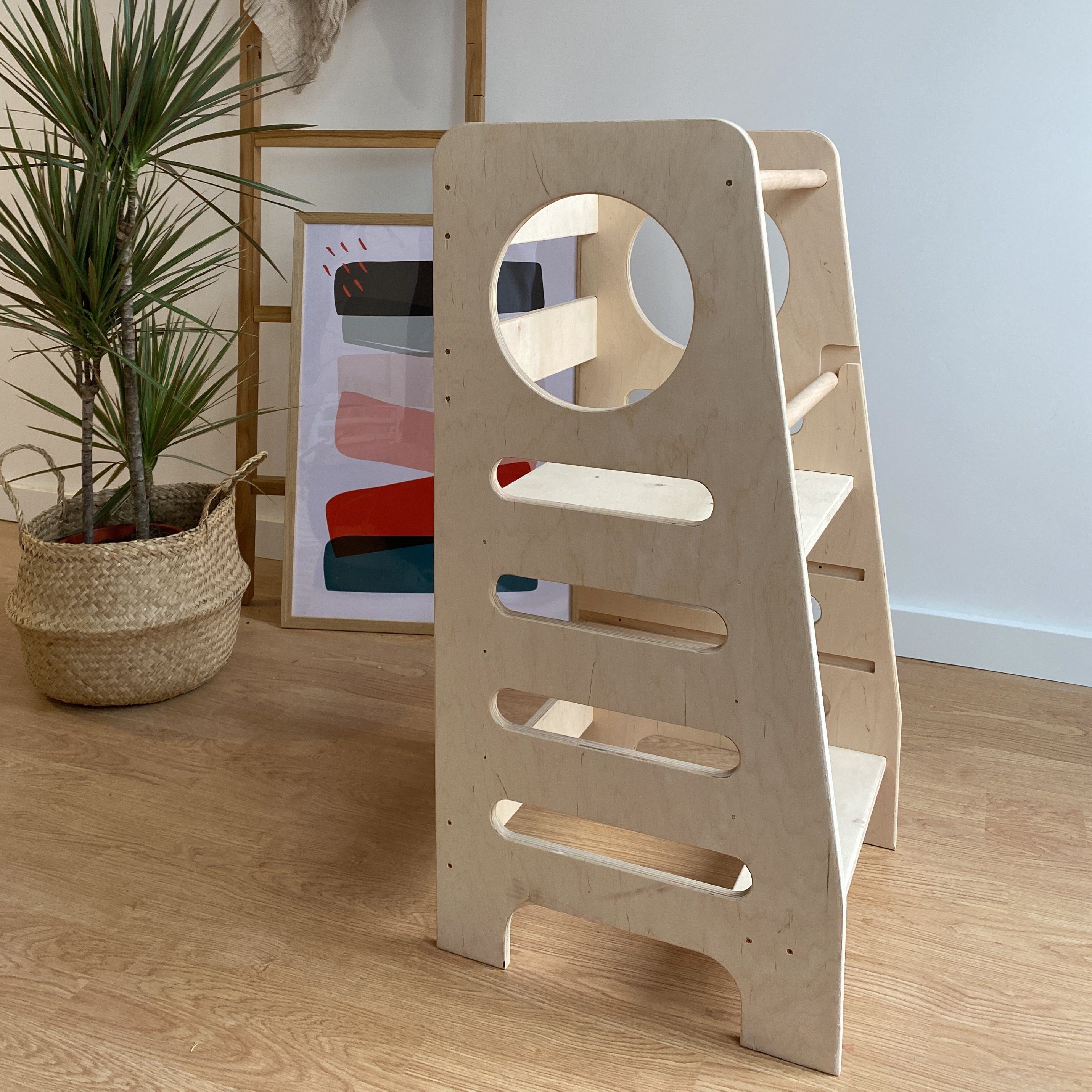 Kids Collective Stehhilfe Lernturm Küchenhelfer aus Naturholz Birke dreifach verstellbare Höhe, 85cm Gesamthöhe Montessori Learning Tower, natur, ab 1 Jahr