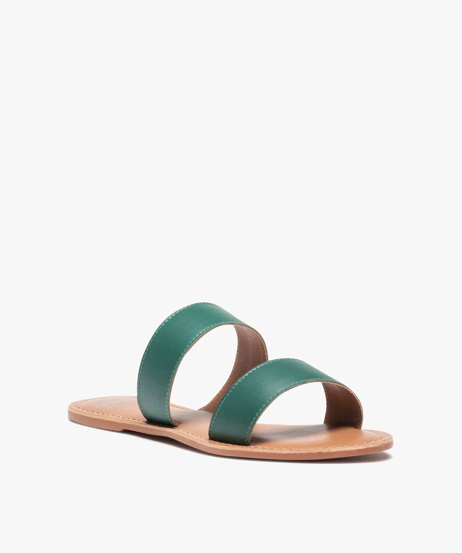 Mules femme plates à larges brides dessus cuir uni vert | GEMO