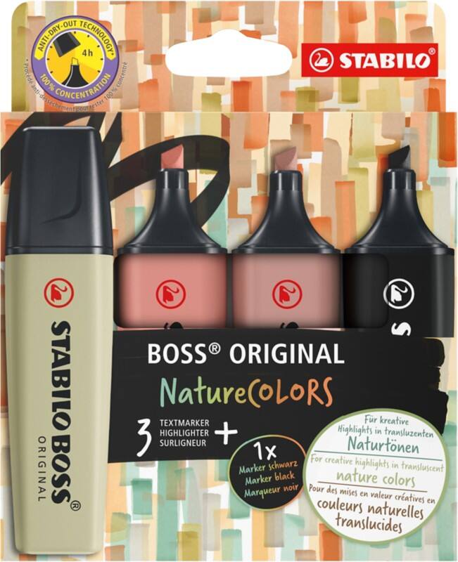 STABILO BOSS ORIGINAL Marker Schwarz, Schlammgrün, Umbra, Siena Breite Keilspitze 4 Stück