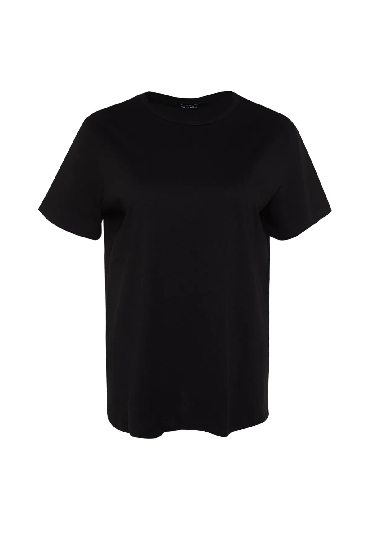 Trendyol Curve  Schwarzes, benzinfarbenes Boyfriend-Strick-T-Shirt mit Rundhalsausschnitt und Schlitz TBBSS22BF0031