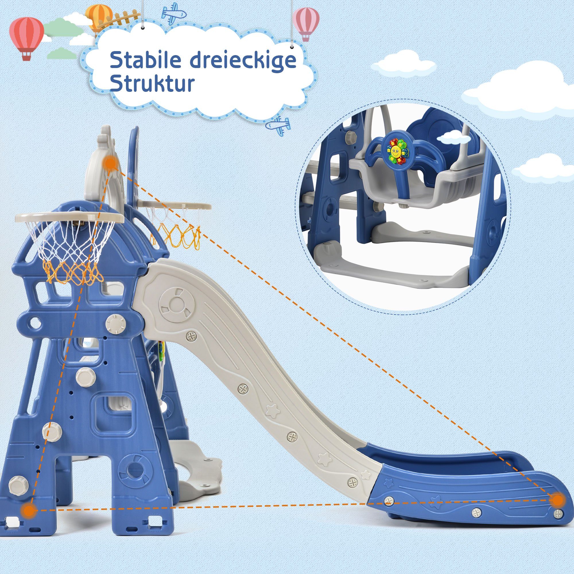 WISHDOR Indoor-Rutsche 5 in 1 Rutsche Kinderrutsche Fun-Slide Schaukel Kleinkinderrutsche, (Schaukel Rutsche Gartenrutsche, multifunktional mit Basketballkorb Fußballtor Kletterturm), mit Rutschbahn für 2-8 Jahre Kinder Indoor & Outdoor