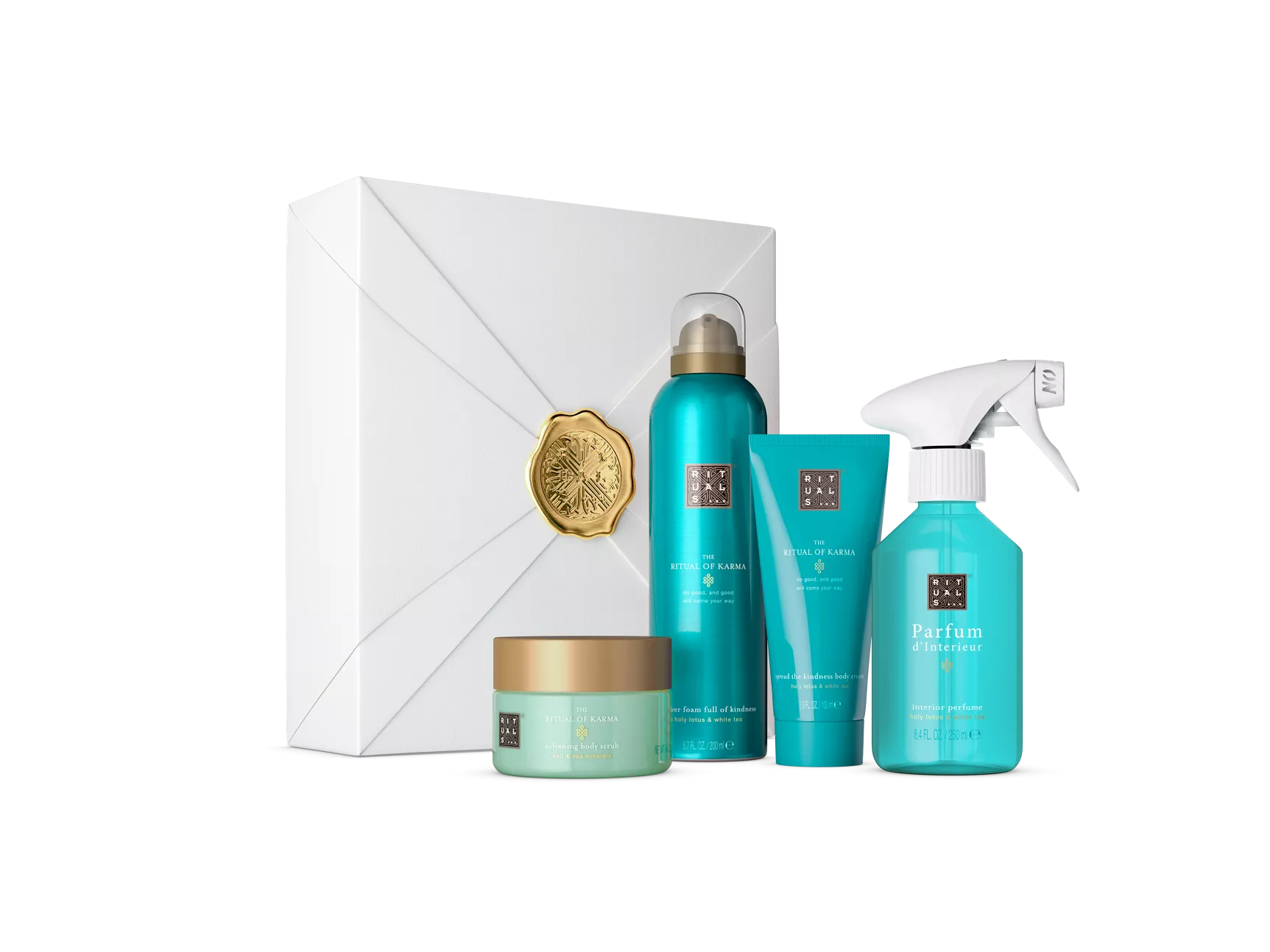 Le rituel apaisant du Karma : gel douche moussant 200 ml, parfum d’intérieur 250 ml, crème pour le corps 100 ml, gommage corporel au sel 125 g