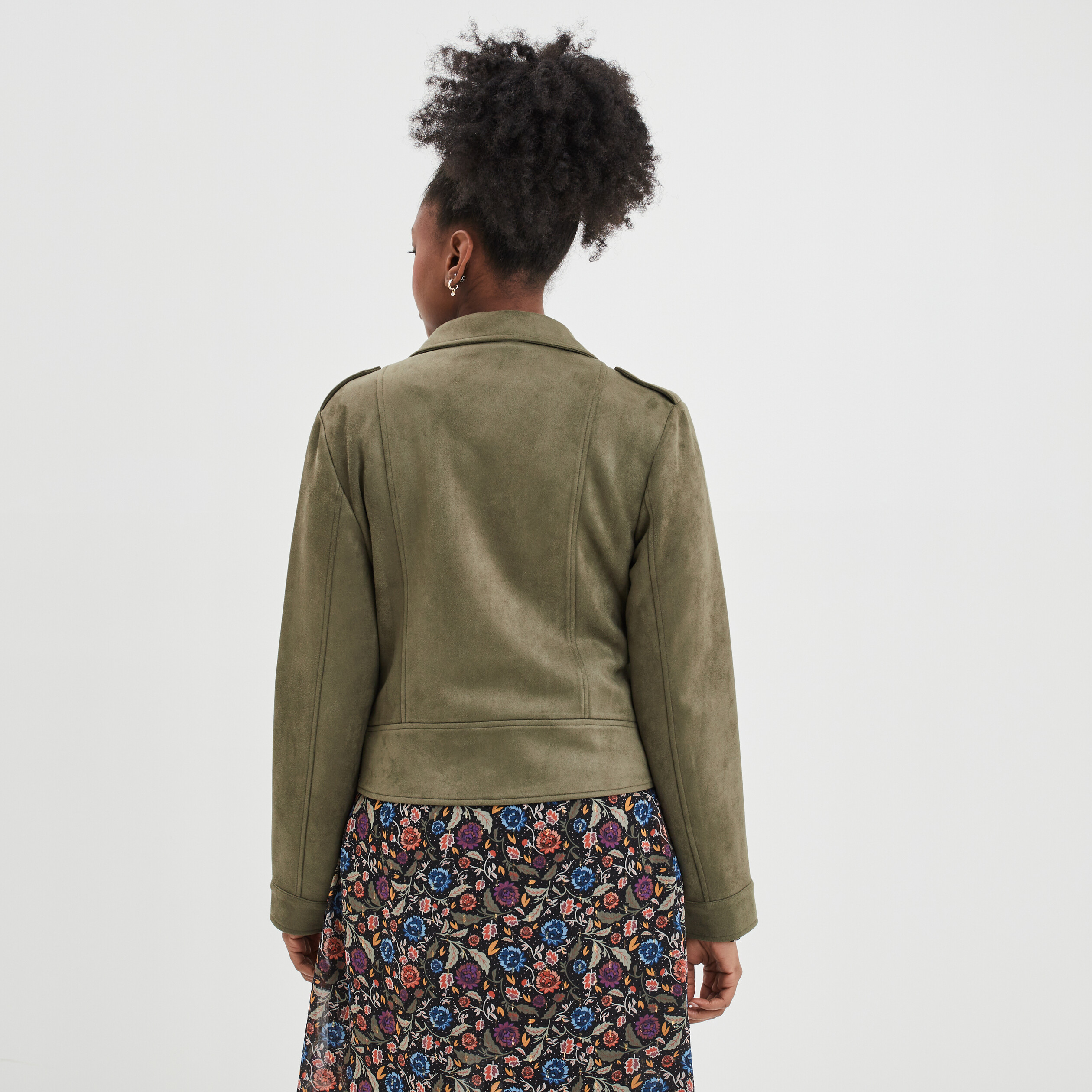 Veste esprit biker effet suédine vert kaki femme | La Halle