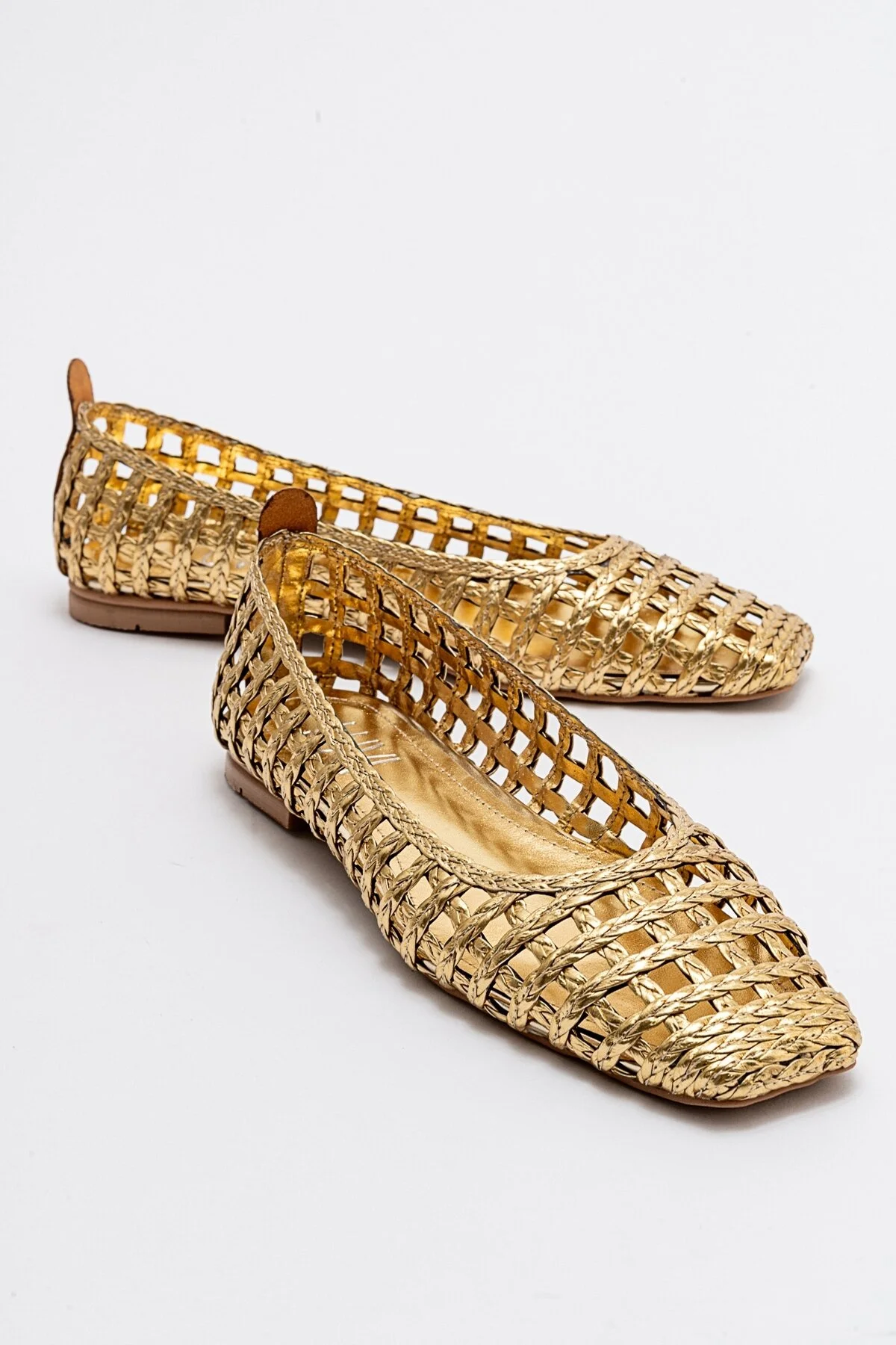 LuviShoes  ARCOLA Goldfarbene Ballerinas mit Strickmuster für Damen