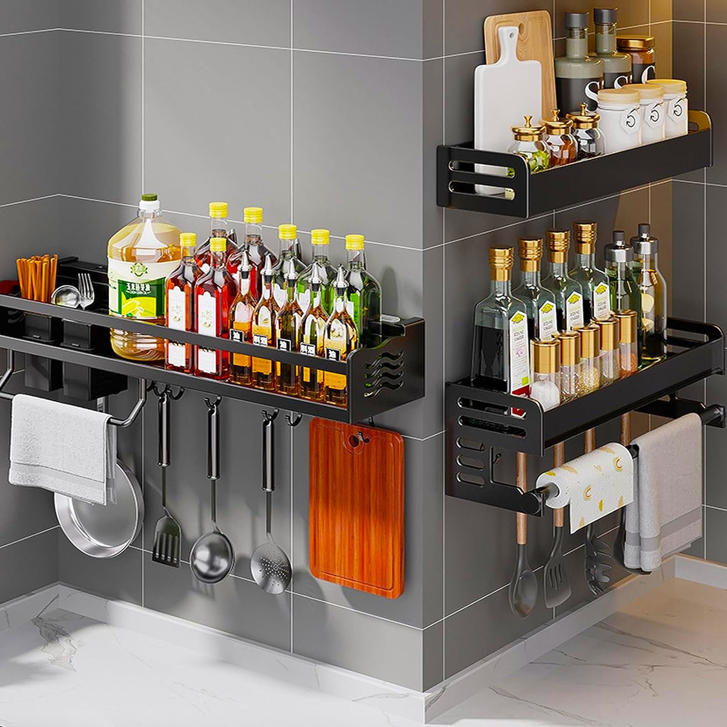 NUODWELL Gewürzregal Hängend Multifunktionales Regal Gewürzhalter für Küche Bad(Schwarz)