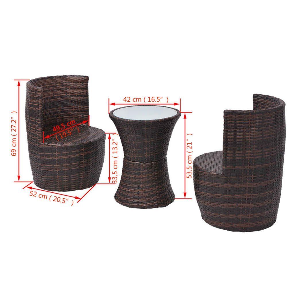 vidaXL Gartenlounge-Set 3-tlg. Bistro-Set mit Auflagen Poly Rattan Braun, (3-tlg)